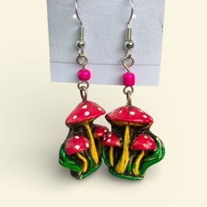 Mushroom Dangle Earrings with Pink Beads